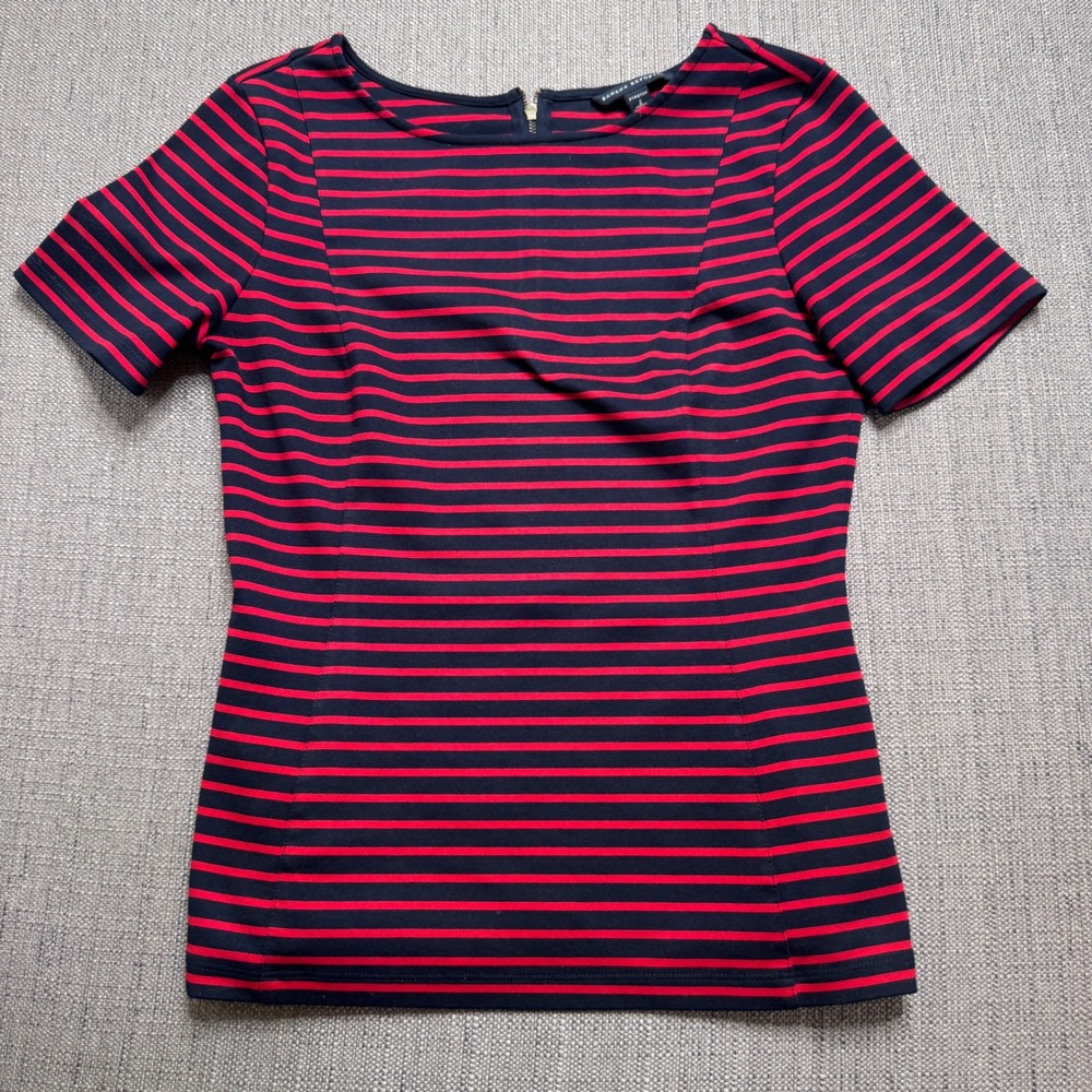 Banana Republic Womens 2 Red Navy Blue Striped Boat Neck Zip Back Stretch Top